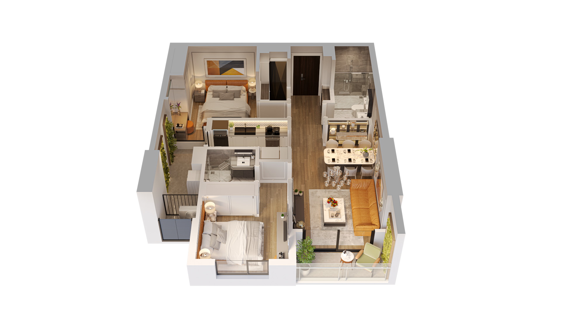 thiết kế căn hộ 2 phòng ngủ northern emerald long biên loại E